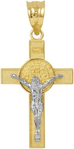 Colgante de cruz de crucifijo de San Benito en dos tonos de oro macizo de 10 quilates (1.10"), Oro amarillo