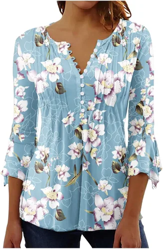 Miniatura 5 de Ceboyel Blusa tipo túnica con estampado floral para mujer, con botones, estilo Henley, con manga de codo, casual, trajes de moda para mujer