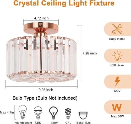 Miniatura 4 de FRIDEKO HOME Lámpara de techo semiempotrada - Lámpara de techo moderna de cristal, lámpara de techo moderna, accesorios de luz dorada para porche