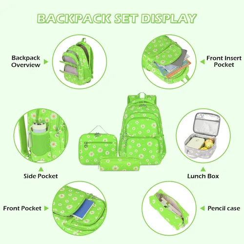 Miniatura 54 de goldwheat Mochilas impresas margaritas con paquete de almuerzo, estuche de lápices 3pcs, bolsa ligera resistente al agua para la escuela secundaria