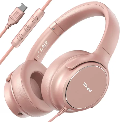 Miniatura 8 de Auriculares con cable USB C sobre la oreja con micrófono, control de volumen, puerto compartido y diadema ajustable, auriculares estéreo plegables