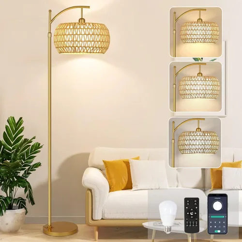 Lámpara de pie dorada para sala de estar con 3 temperaturas de color, lámparas de pie bohemias de arco con control remoto, lámpara de pie de ratán