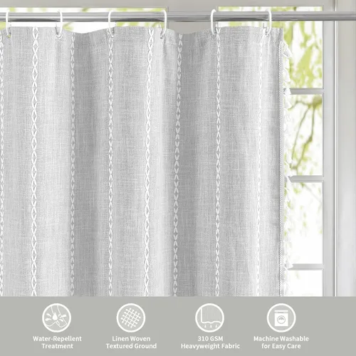 Miniatura 7 de MitoVilla Cortina de ducha bohemia extra larga de 72 x 96 pulgadas, color gris claro, moderna, estilo casa de campo, 96 pulgadas, XL, tela de lino