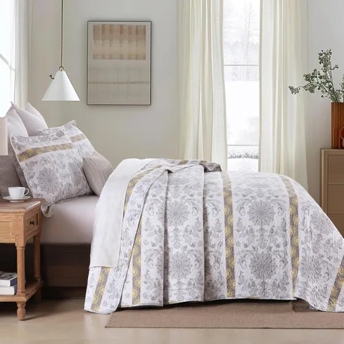 Miniatura 3 de Homzard - Juego de edredón de algodón tamaño King, a rayas, color gris, amarillo y blanco, ropa de cama ligera con dos fundas de almohada 05-2