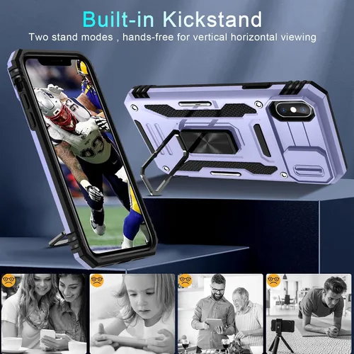 Miniatura 349 de DEERLAMN Funda para iPhone Xs Max con funda deslizante para cámara + protector de pantalla, soporte giratorio de anillo de grado militar a prueba