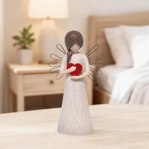 Miniatura 5 de Hodao Figura de ángel con corazón rojo, aspecto tallado en madera de resina de 5.1 pulgadas con alas de alambre de metal, decoración