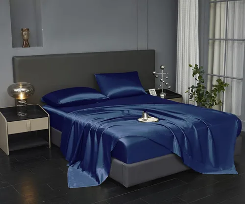 Miniatura 25 de Revdomfly Juego de 4 Piezas de Sábanas de Satén Azul Bebé de Tamaño Completo, Lujosas y Suaves como Seda, 1 Sábana Bajera Premium que Absorbe