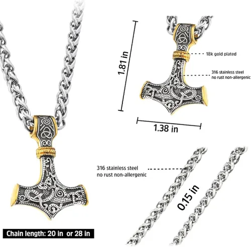 Miniatura 5 de BAVIPOWER Colgante de oro de 18 quilates Mjolnir nórdico vikingo martillo de Thors para hombres y mujeres acero inoxidable 316L joyería escandinava