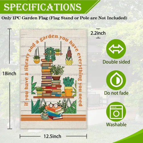 Miniatura 2 de Hafhue Bandera de jardín de bienvenida con texto en inglés "If You Have A Library And A Garden", de doble cara de 12 x 18 pulgadas, para decoración
