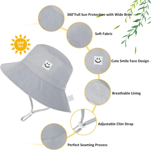 Miniatura 3 de Zando Sombrero de sol para bebé, con cara sonriente, protección solar UPF 50+, sombrero de cubo ajustable para bebé