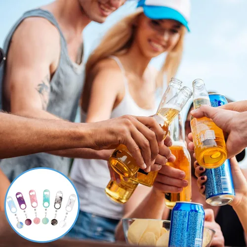 Miniatura 5 de 6 abrebotellas plano, mini abrebotellas retráctiles de acero inoxidable con insignia redonda, abrebotellas de cerveza plano con clip para cinturón