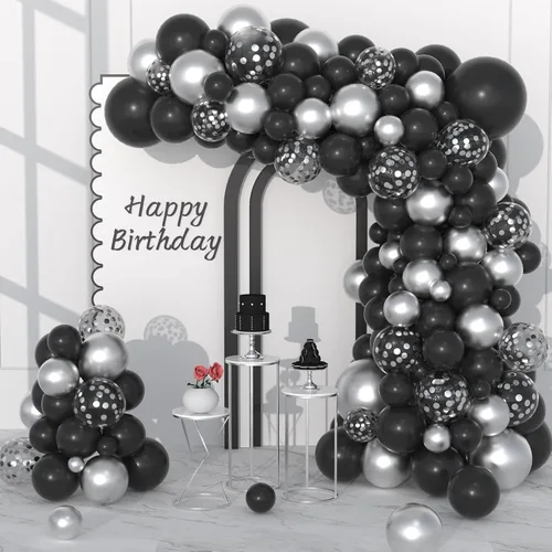Black and Silver Balloons Garland Arch Kit, 142PCS Black and Metallic Silver Confetti Balloons for Baby Shower Wedding Men Women Birthday