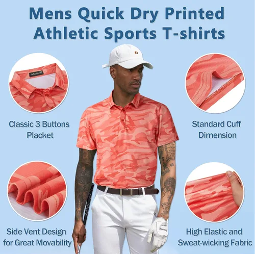Miniatura 114 de TAPULCO Camisetas tipo polo de secado rápido para hombre, diseño de camuflaje, atléticas, ligeras, transpirables, casuales, para golf