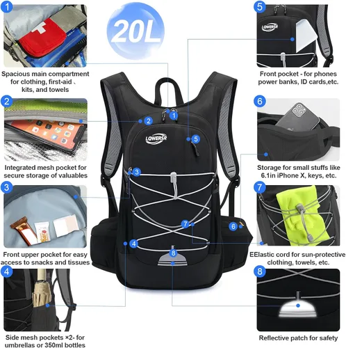 Miniatura 2 de Mochila de hidratación de 20 L, ligera, transpirable, con bolsa de agua de 2 L, correas ajustables para el pecho, chaleco de hidratación