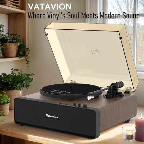 Miniatura 5 de Tocadiscos de vinilo Bluetooth con altavoces, 2 velocidades 33/45 RPM, cartucho magnético AT-3600L, luz ambiental LED, madera de nogal
