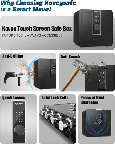 Miniatura 5 de Kavey Caja de seguridad ignífuga de 1.8 pies cúbicos, pantalla táctil LCD, caja fuerte para el hogar con sistema de alarma dual y modo de silencio