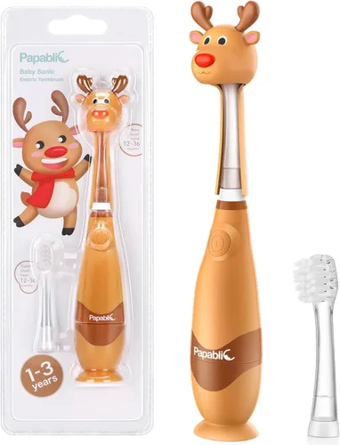 Papablic Cepillo de dientes eléctrico sónico para niños de 1 a 3 años, cepillo de dientes eléctrico para bebé con bonita cubierta de reno y
