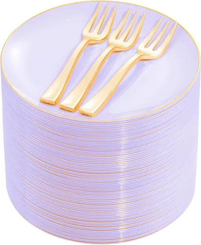 Miniatura 13 de Festiva 200 platos de postre dorados con purpurina de 6.3 pulgadas con tenedores de 5 pulgadas, platos pequeños de plástico para postre, pasteles
