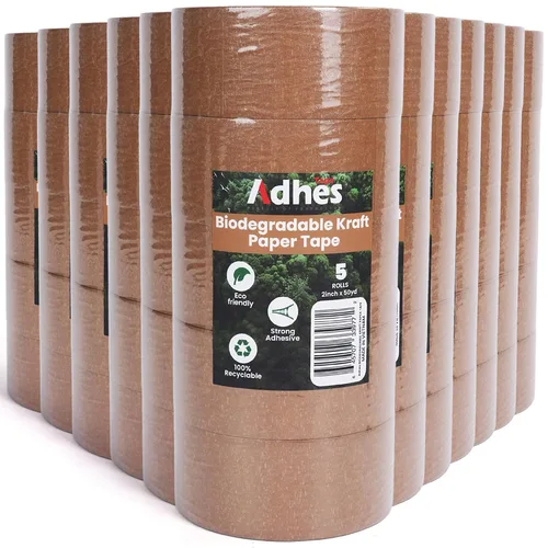 Miniatura 7 de Adhes - Cinta de embalaje de papel marrón biodegradable, 3 rollos de 2 pulgadas x 50 yardas, cinta de embalaje compostable y sin plástico, adhesivo
