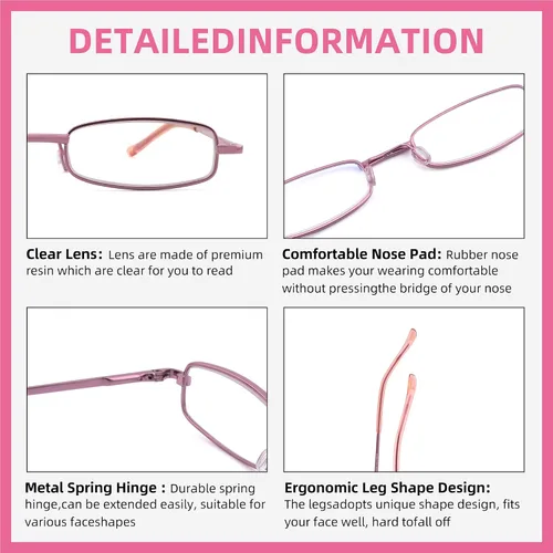 Miniatura 5 de 3 Pack Slim Pocket Reading Glasses for Men Women Blue Light Blocking Compact Readers Spring Hinge Metal Frame Rojo Rosa Púrpura