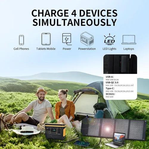 Miniatura 2 de Panel solar portátil de 60 W, paneles solares plegables de 60 vatios con cargadores QC3.0 USB-A USB-C DC5521, IP67 impermeable, energía