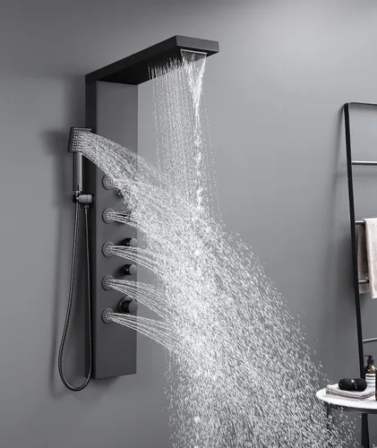 Miniatura 11 de ROVATE Sistema de panel de ducha tipo cascada, torre de ducha de acero inoxidable 304 con 5 chorros de masaje de cuerpo de lluvia y 3