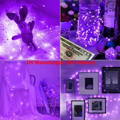 Miniatura 5 de OMIKA Luces LED negras UV a pilas, 16.5 pies, 50 unidades, 2835 luces LED UV, 8 modos, luz negra flexible, tira de luces con control remoto
