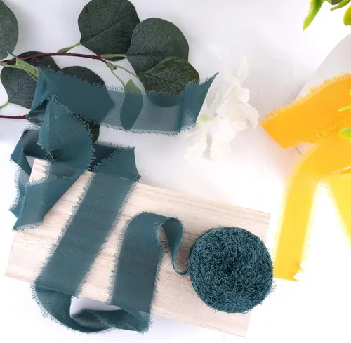 Miniatura 12 de Cintas de gasa de seda de 1.2 pulgadas x 11 yardas, cintas verdes hechas a mano con flecos para invitaciones de boda, envoltura de regalos, ramos