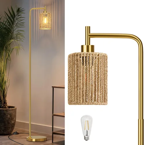 Oneach Lámpara de pie dorada de 66 pulgadas para sala de estar, lámpara de pie bohemia con bombilla LED, interruptor de pie, pantalla de ratán, Oro