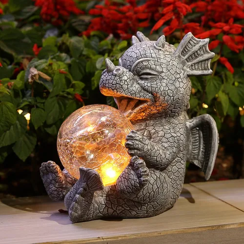 Miniatura 9 de Estatua de Dragón de Jardín con Energía Solar Figura Luminosa para Exteriores Decoración Linda que Sostiene Bola de Cristal Brillante Escultura