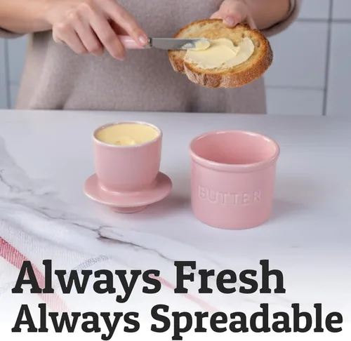 Miniatura 4 de Priority Chef Recipiente para mantequilla con tapa con línea de agua, plato de mantequilla francés de cerámica para dejar en la encimera, rosa