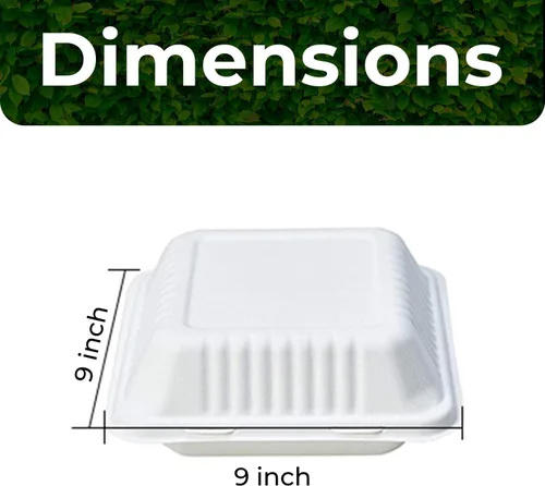 Miniatura 4 de Contenedores biodegradables para llevar de 9 pulgadas, paquete de 100, cajas compostables para llevar con tapa con bisagras integrada