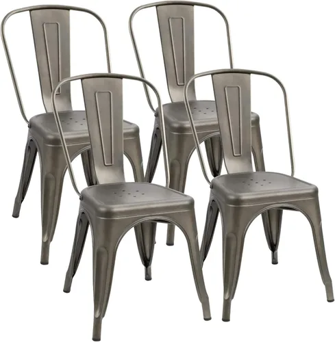 Miniatura 8 de Flamaker Sillas de comedor de metal para uso en interiores y exteriores, sillas laterales apilables con respaldo para cocina industrial, sillas Negro