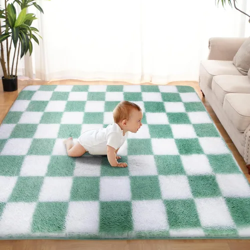 Miniatura 24 de Alfombra de área súper suave en blanco y negro, de 5 x 7 pies, alfombra clásica a cuadros de pelo alto mullida para dormitorio, sala de estar, Negro