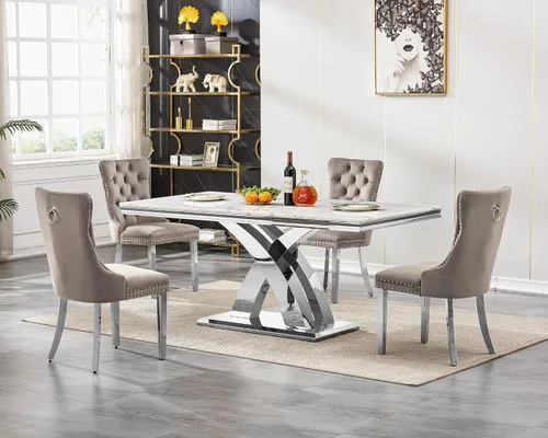 Miniatura 14 de Moderno juego de mesa de comedor de mármol para 4, juego de mesa de comedor de lujo para 4, mesa de comedor de mármol sintético de 68 pulgadas