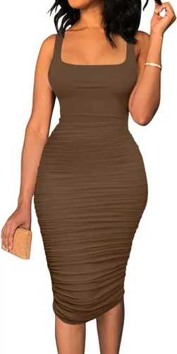 BEAGIMEG vestido de fiesta sexy y entallado para mujer, sin mangas, fruncido, básico y largo hasta la rodilla
