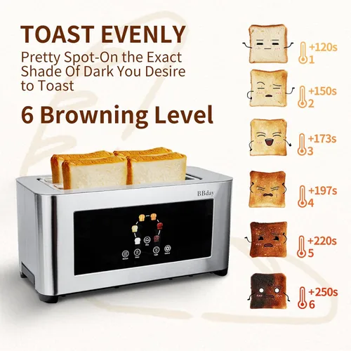 Miniatura 4 de Tostadora Inteligente con Pantalla Táctil de 4 Rebanadas, Pantalla LCD, Tostadora de Ranura Larga de 1.6", con 6 Configuraciones de Tostado