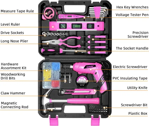 Miniatura 2 de Juego de herramientas rosa, juego de 130 piezas para el hogar para mujeres con destornillador recargable inalámbrico de 3.6V, juego básico