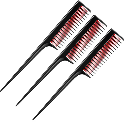 Leinuosen Peine de cola de rata triple de 8 pulgadas con púa para mujer, corte ligero, seccionado, peine de dientes finos, añade volumen (negro y