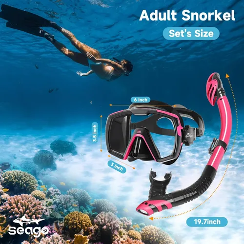 Miniatura 6 de Seago Juego de máscara de buceo de buceo en seco, vista amplia de 180⁰, a prueba de fugas, antivaho, ajuste cómodo para adultos
