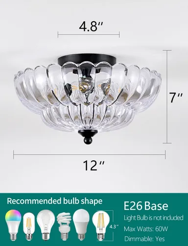 Miniatura 3 de Lámpara de techo semiempotrada de 3 luces, cristal vintage con marco de metal negro, iluminación moderna cerca del techo para dormitorio, cocina