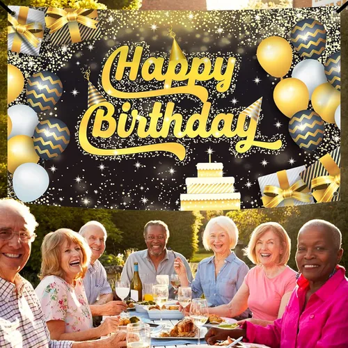 Miniatura 8 de KatchOn, Cartel extragrande de feliz cumpleaños negro y dorado, 72 x 44 pulgadas, pancarta de fondo para decoraciones de feliz cumpleaños