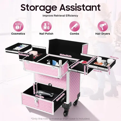 Miniatura 2 de Estuche de maquillaje con ruedas y mango telescópico, cajón con cerradura, estuche de maquillaje rodante, organizador de cosméticos, para estilista
