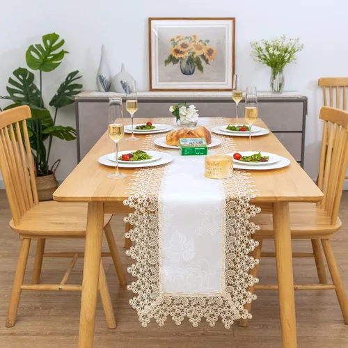 Miniatura 24 de Camino de mesa rectangular de granja de encaje beige premium, impermeable, a prueba de aceite, a prueba de derrames, antiencogimiento, suave