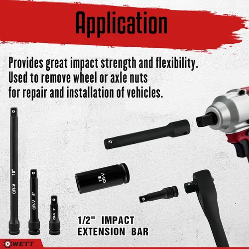 Miniatura 6 de WETT Juego de llaves de impacto de 1/2 pulgada con 29 piezas de estrías profundas con barra de extensión, acero Cr-V, SAE y métrico, 6 puntas