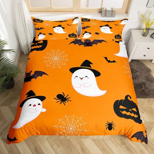 Erosebridal Divertida funda de edredón de Halloween para niños, juego de ropa de cama de calabaza fantasma, decoración de Halloween para niños y