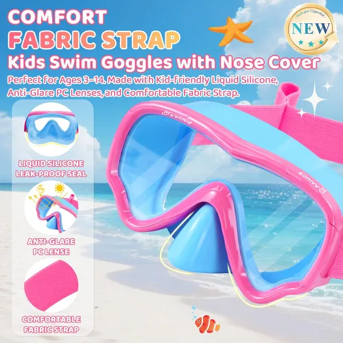 Miniatura 2 de Vvinca Máscara de natación para niños con cubierta nasal, máscara de buceo con correa de tela antiniebla y lente anti-roturas para niños de 3 a 15