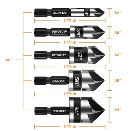 Miniatura 2 de 5 piezas de juego de brocas avellanadas, 82 grados, 5 hélices con vástago hexagonal de cambio rápido de 1/4”, tamaños de 1/4” a 3/4” para metal