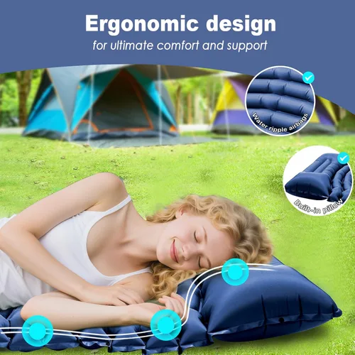 Miniatura 3 de Colchoneta de dormir para camping, colchón ultraligero con almohada, bomba de pie integrada, alfombrilla portátil inflable compacta para mochileros