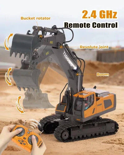Miniatura 6 de HuiJuKeJi Juguete de excavadora de control remoto de 11 canales, vehículo de construcción RC recargable de 2.4 GHz para niños, rotación de 680°